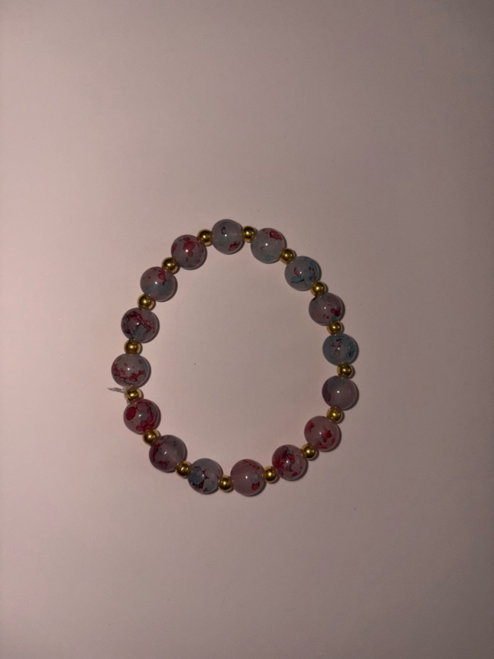 Handmade Pink Floral Beaded Stretch Bracelet with Gold Accents